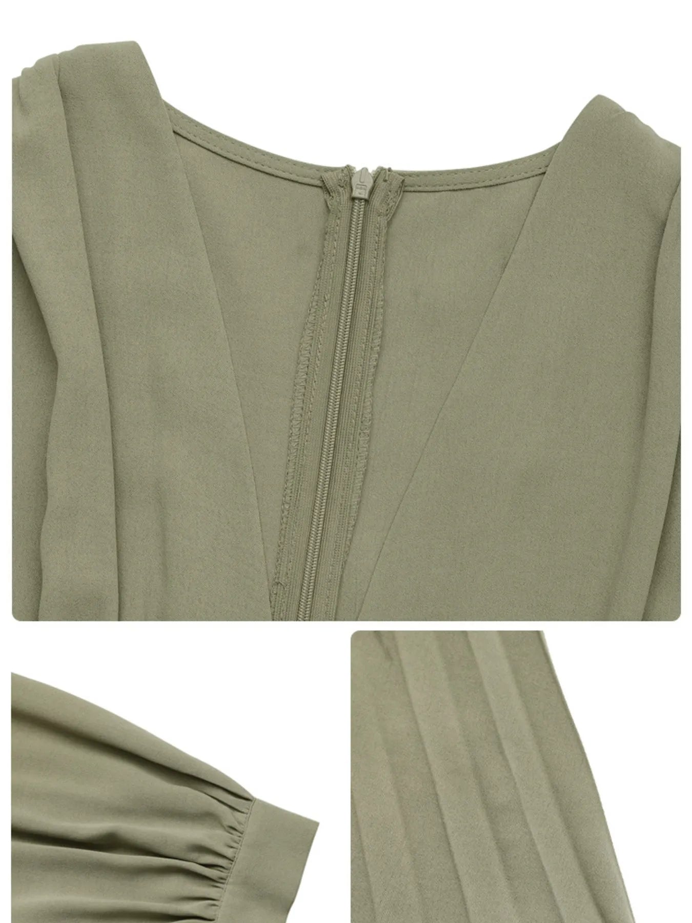 Pleated Long Sleeve V-Neck Dress