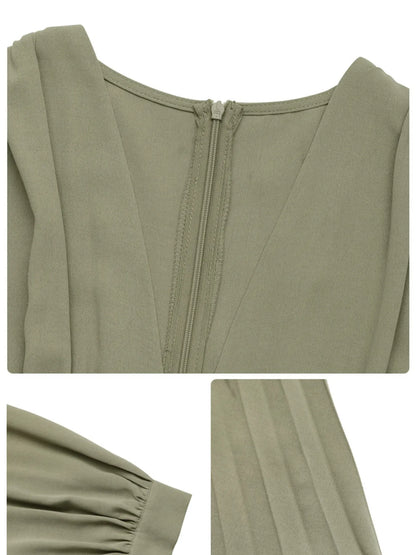 Pleated Long Sleeve V-Neck Dress