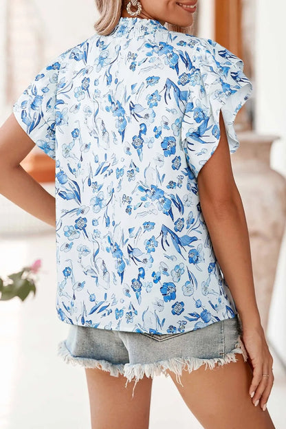 Floral Print Ruffled Short Sleeve Blouse