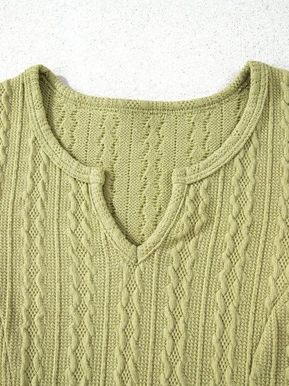 Textured Knit Slim Fit Notch V Neck Top
