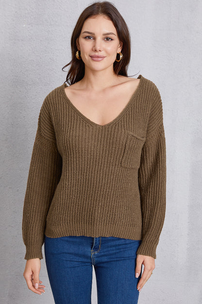 V-Neck Pocketed Dropped Shoulder Knit Top Brown