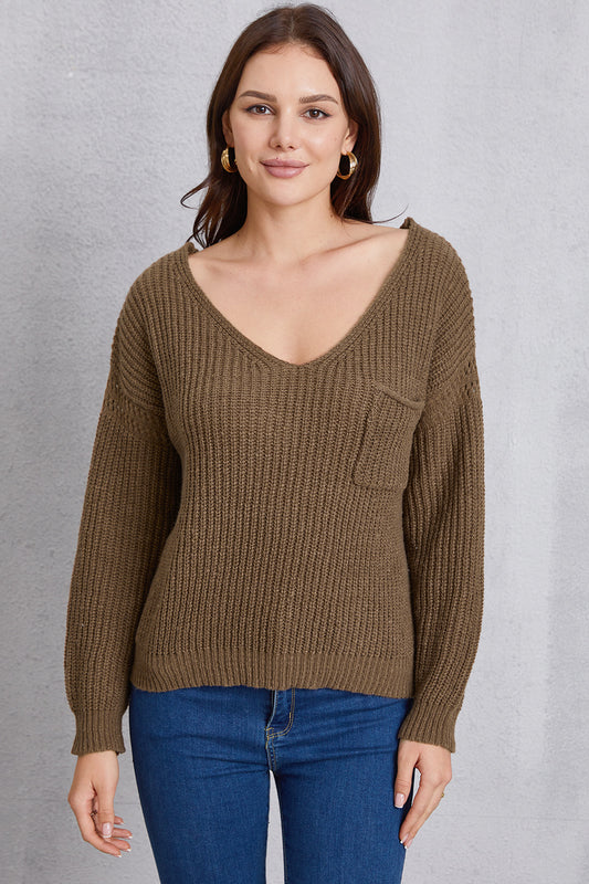 V-Neck Pocketed Dropped Shoulder Knit Top Brown