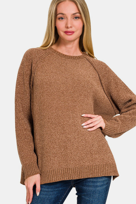 Zenana Side Slit Raglan Sleeve Sweater Deep Camel