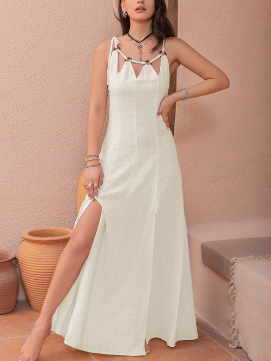 Swiss Dot Cutout Sleeveless Maxi Dress Beige