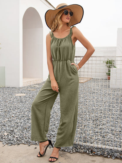 Ivy Lane Round Neck Sleeveless Jumpsuit with Pockets Matcha Green