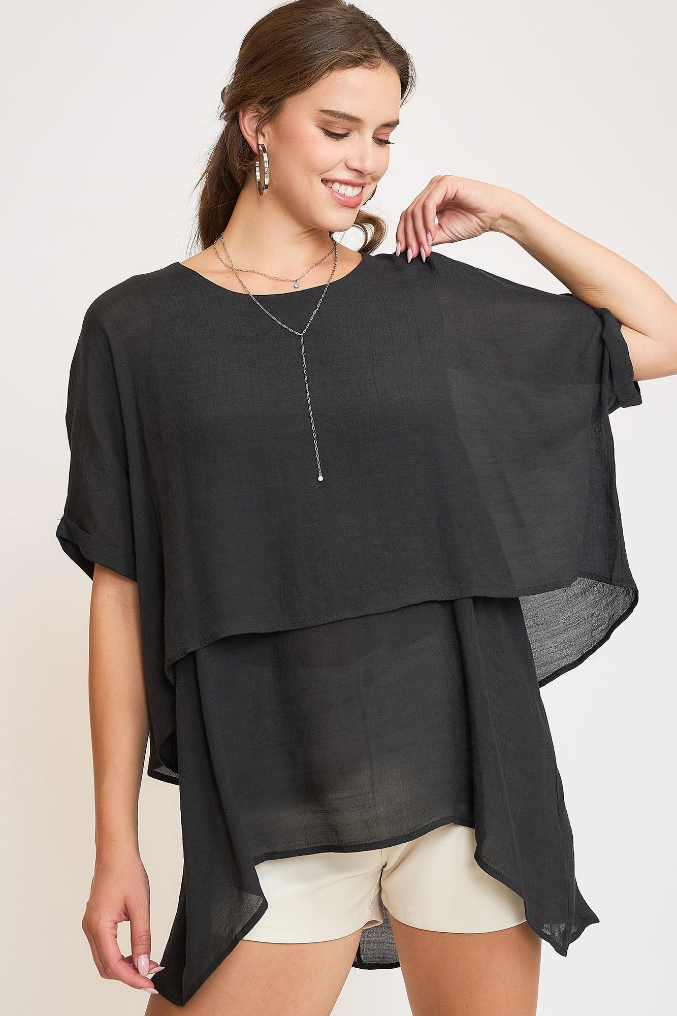 Umgee Full Size Cuffed Half Sleeve Layered Top Plus Size Black