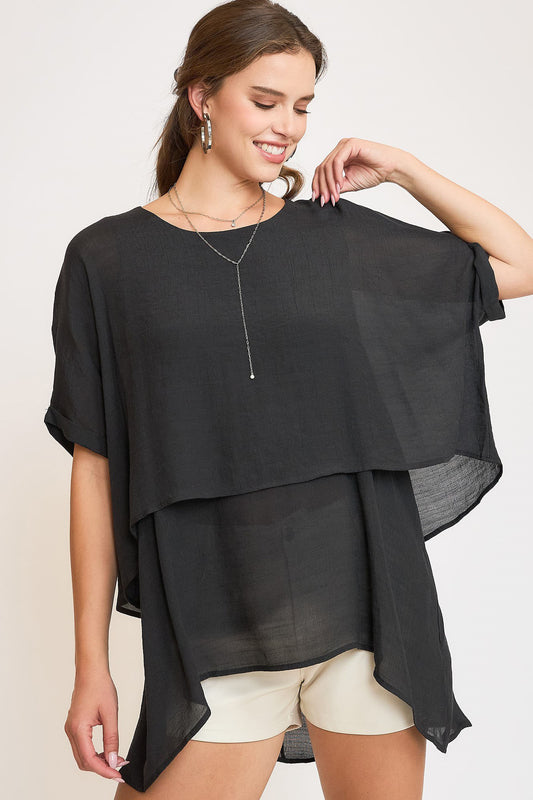 Umgee Full Size Cuffed Half Sleeve Layered Top Plus Size Black