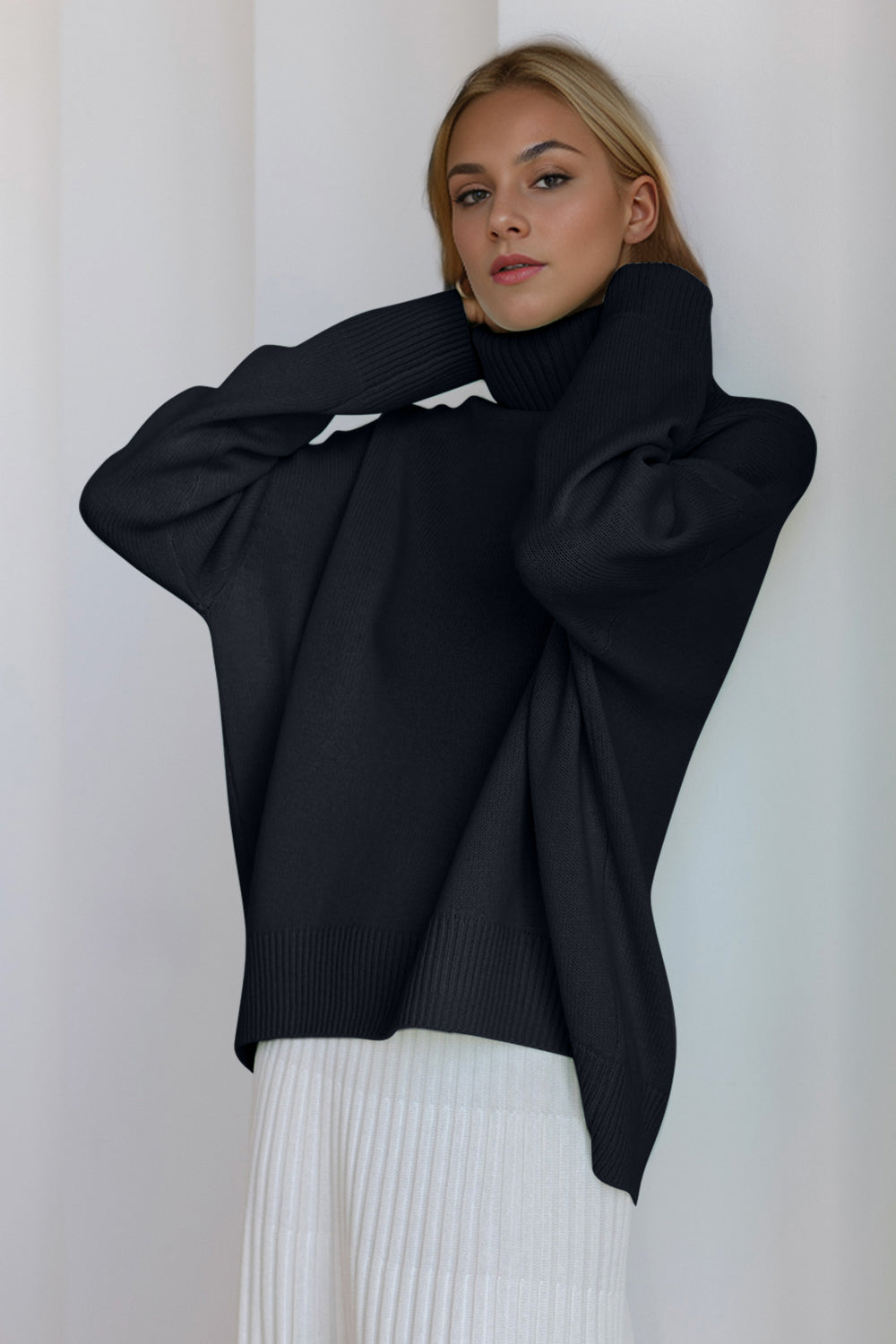 Basic Bae Turtleneck Dropped Shoulder Long Sleeve Sweater Black One Size
