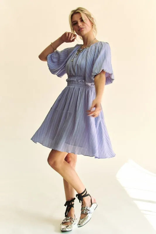 Davi & Dani Back Button Puff Sleeve Mini Dress Lavender