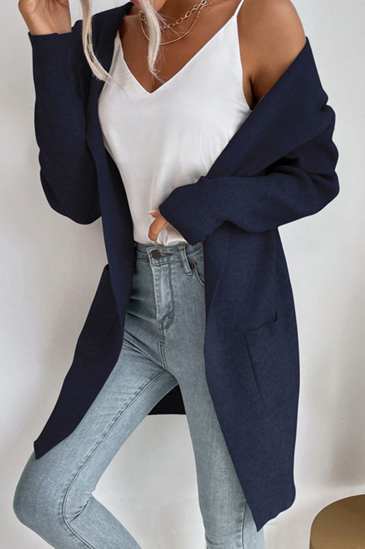 Perfee Ribbed Open Front Hooded Cardigan with Pockets Navy