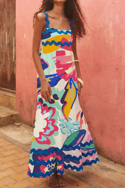 Printed Square Neck Wide Strap Dress Pink