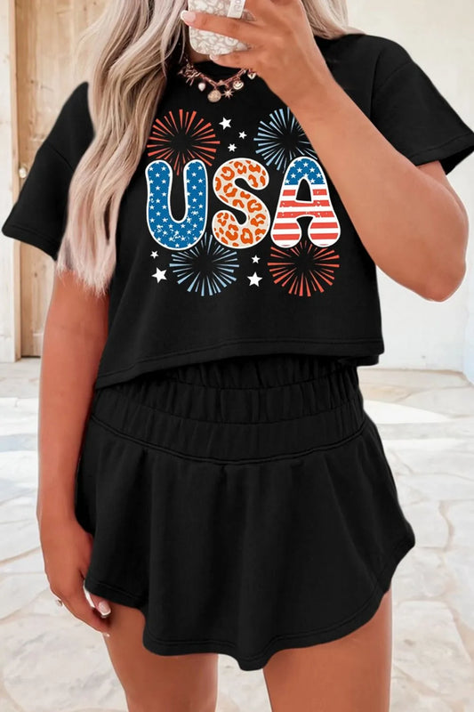 USA Graphic T-Shirt and Shorts Set Black