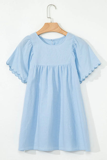 Solid Color Embroidered Scalloped Sleeves Crew Neck Blouse