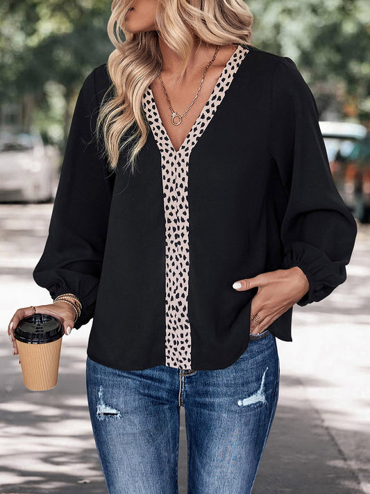 Perfee Contrast V-Neck Long Sleeve Blouse Black