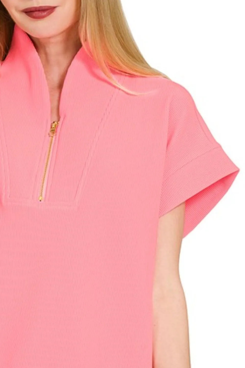 Zenana Ribbed High Neck Half Zip Top