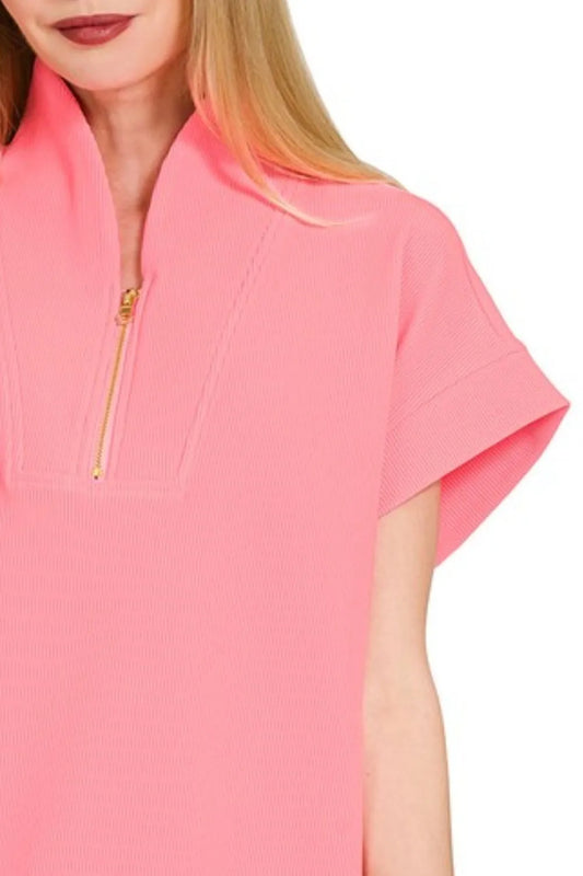 Zenana Ribbed High Neck Half Zip Top