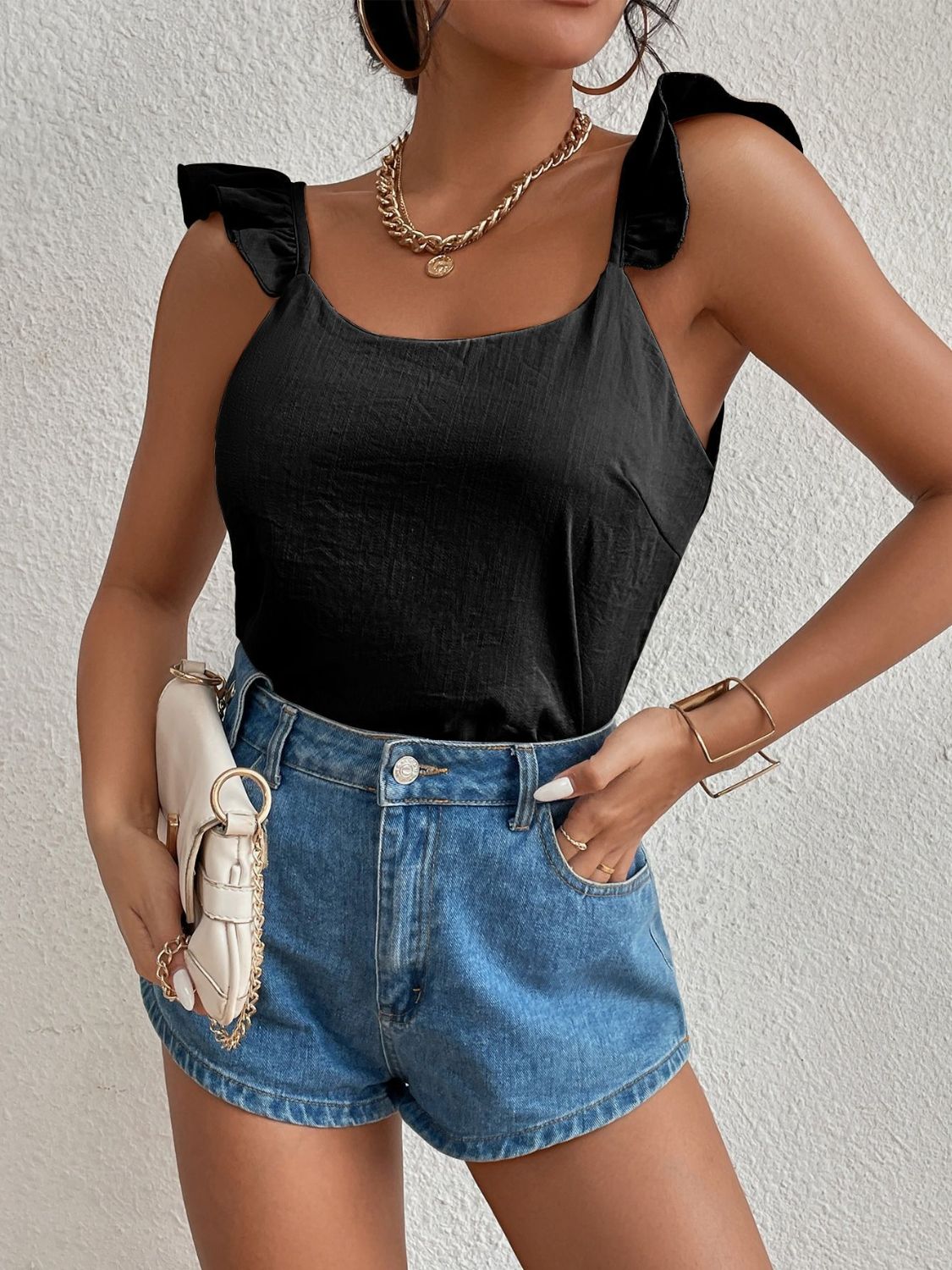 Backless Ruffled Scoop Neck Tank Black
