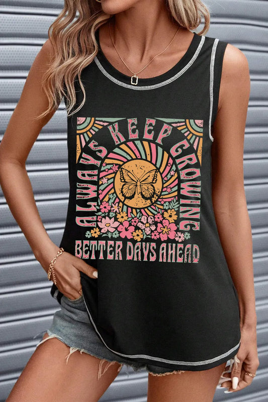 Graphic Round Neck Tank Black