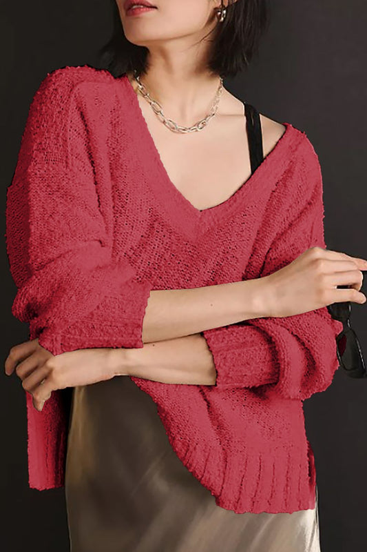 V-Neck Dropped Shoulder Sweater Deep Rose