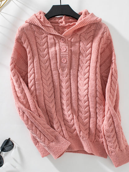 Cable-Knit Long Sleeve Hooded Sweater Burnt Coral