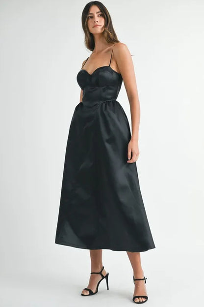MABLE Solid Taffeta Spaghetti Strap Bustier Midi Dress