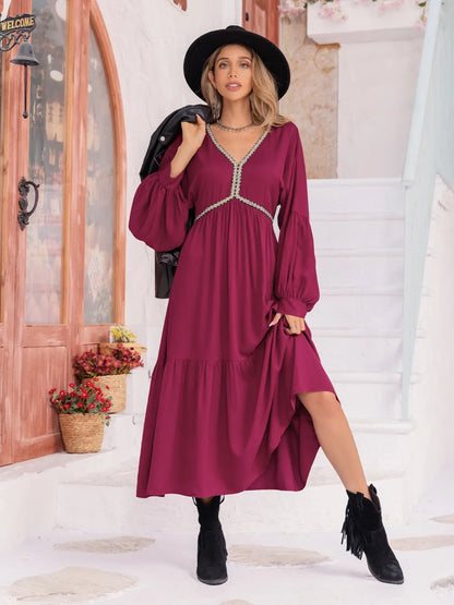 V-Neck Lantern Sleeve Ruffle Hem Dress Burgundy