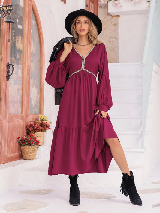 V-Neck Lantern Sleeve Ruffle Hem Dress Burgundy