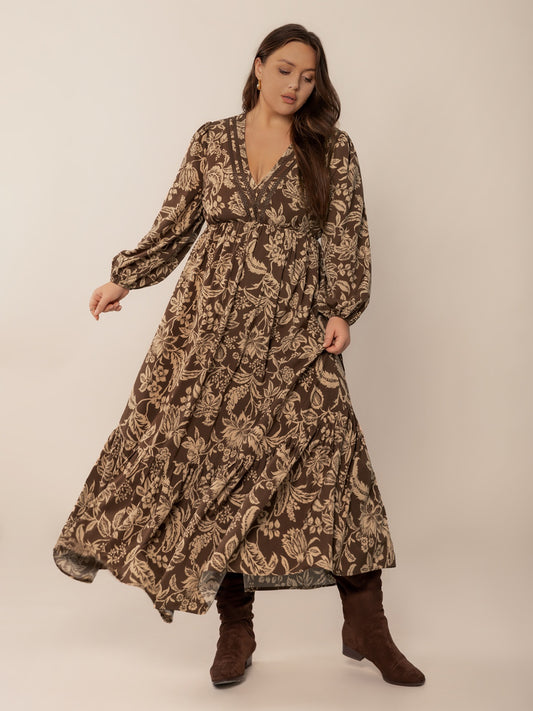 Plus Size Printed V-Neck Balloon Sleeve Maxi Dress Camel