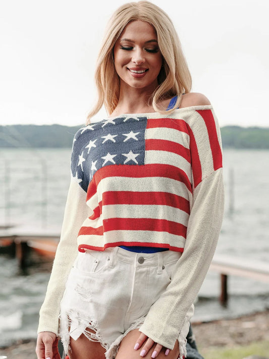 Perfee US Flag Boat Neck Long Sleeve Knit Top Ivory