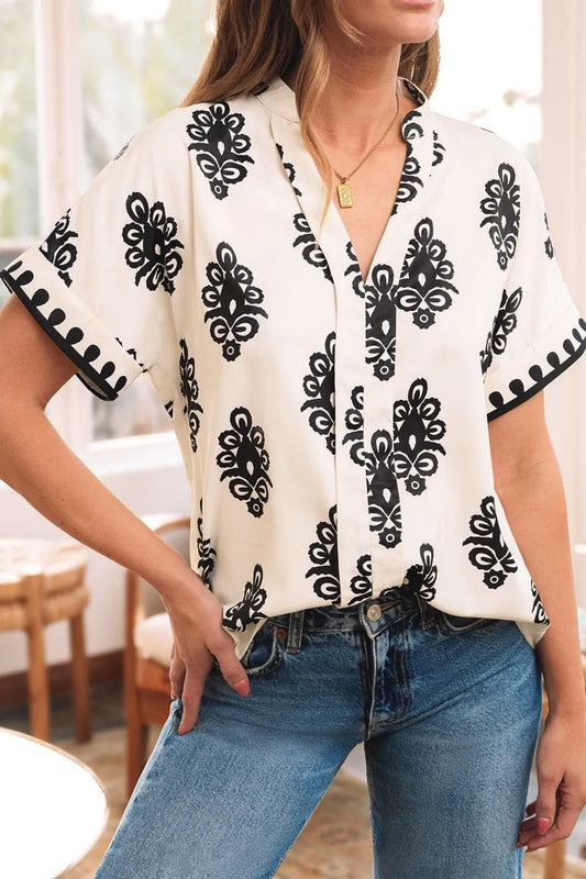 Printed Short Sleeve Loose Blouse