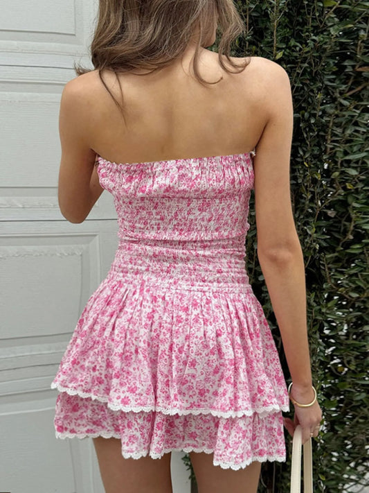 Ruffled Layered Floral Tube Mini Dress
