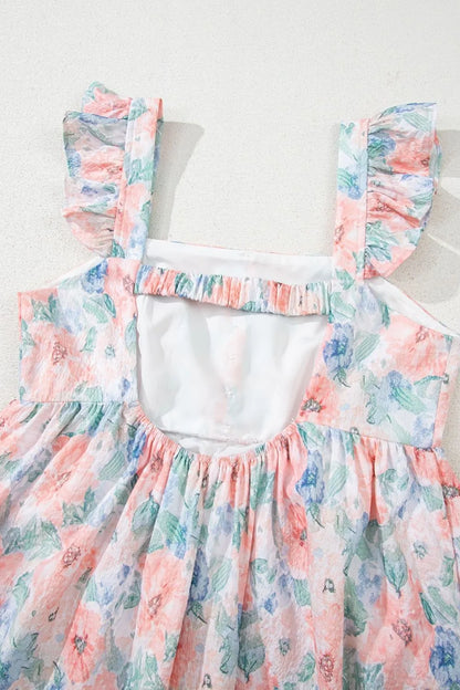 Floral Colorblock Flutter Straps Flowy Dress