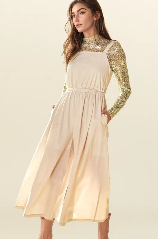 Davi & Dani Creased Wide Legs Elastic Waist Jumpsuit Beige