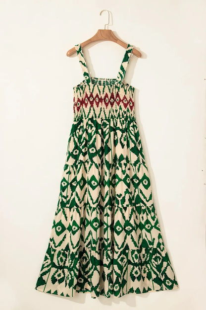 Western Aztec Shirred A-line Sleeveless Maxi Dress