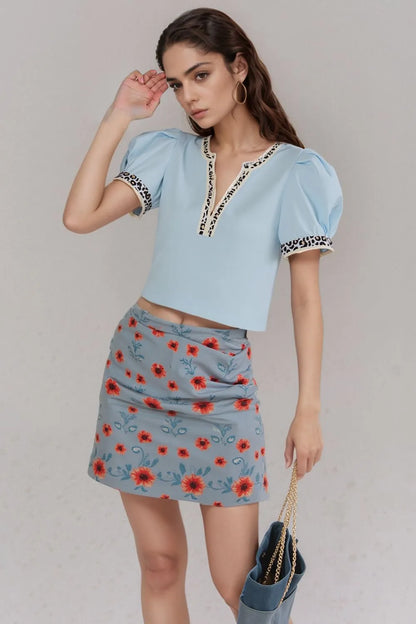 Contrast Leopard Trim Split Neck Puff Sleeve Blouse Light Blue