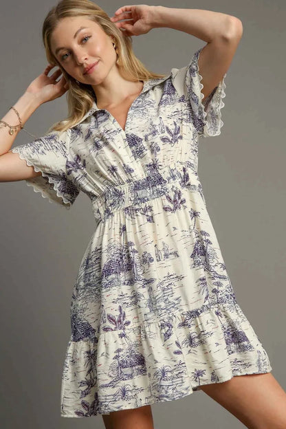 Umgee Full Size Landscape Print Collared Mini Dress Plus Size