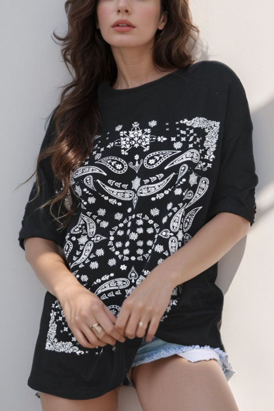 Paisley Round Neck Half Sleeve T-Shirt Black