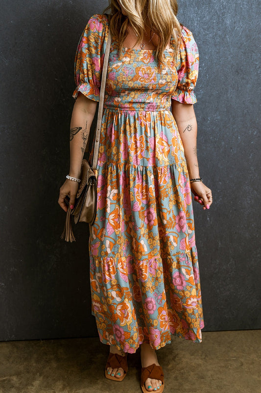 Smocked Printed Short Sleeve Dress Floral