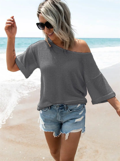 Waffle Knit Boat Neck Half Sleeve T-Shirt Dark Gray