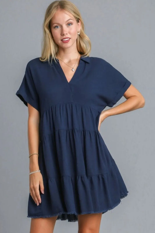 Umgee Full Size Raw Hem Folded Sleeve Tiered Dress Plus Size Dark Navy