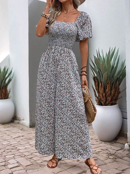 Perfee Ditsy Floral Smocked Square Neck Puff Sleeve Jumpsuit Light Blue