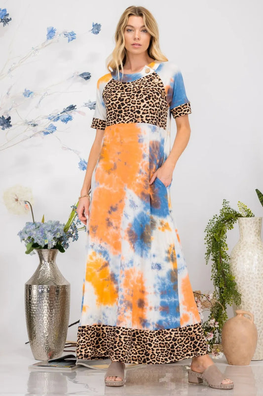 Celeste Full Size Leopard Tie-Dye Button Detail Short Sleeve Maxi Dress Plus Size Orange Tie Dye