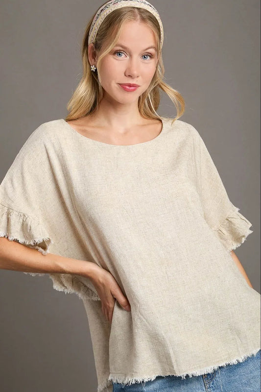Umgee Full Size Raw Hem Ruffle Short Sleeve Blouse Plus Size Beige