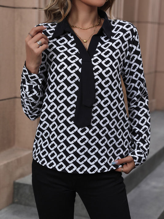 Perfee Printed Collared Neck Long Sleeve Shirt Black