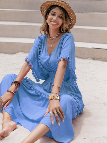 Tassel Trim Smocked V-Neck Short Sleeve Dress Sky Blue