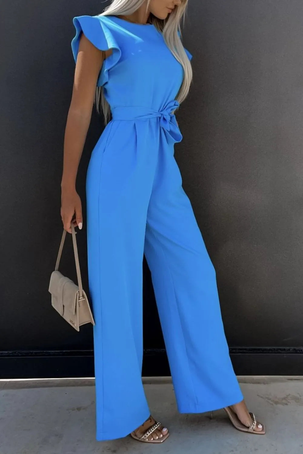 Round Neck Cap Sleeve Jumpsuit Sky Blue