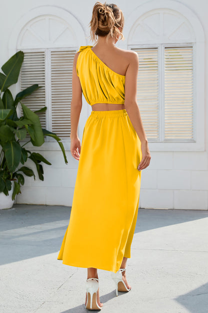Ruched One Shoulder Top and Slit Skirt Set Gold