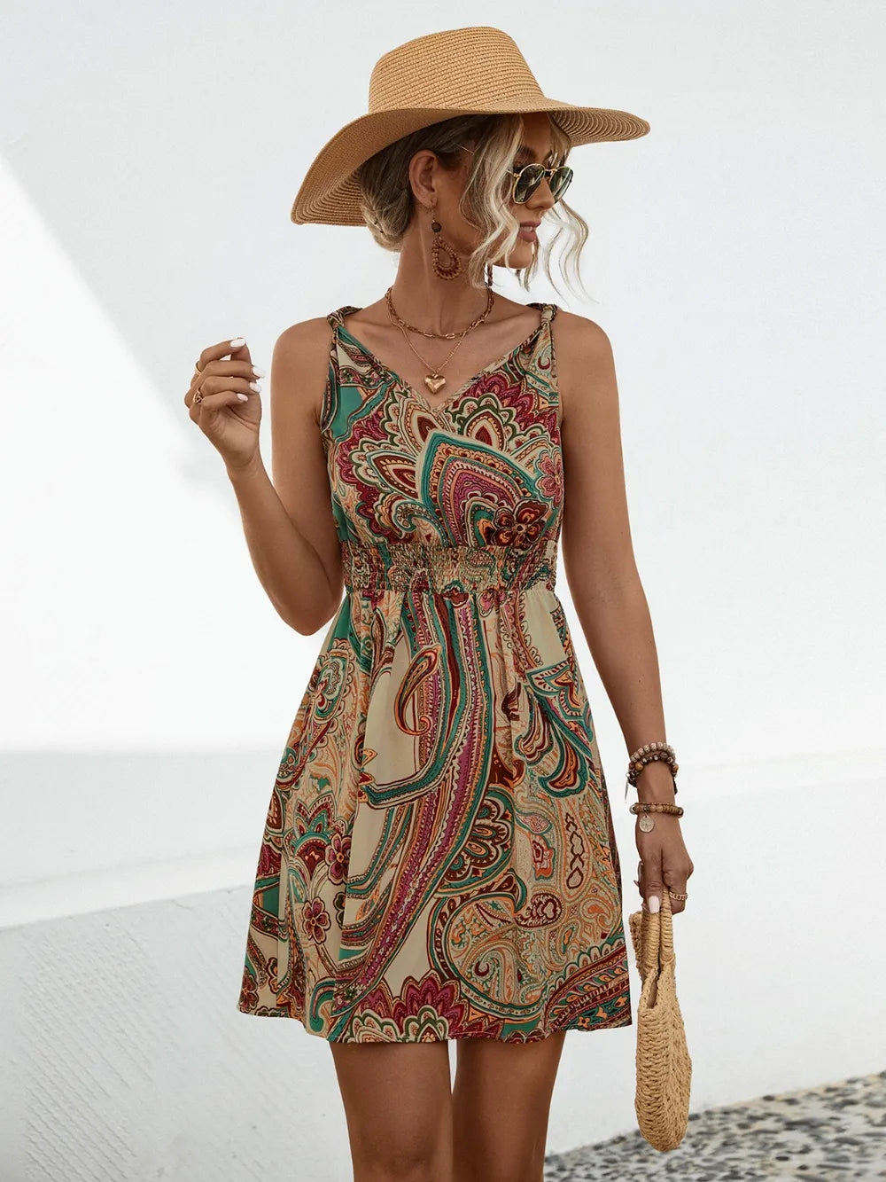 Smocked Printed V-Neck Mini Dress Turquoise