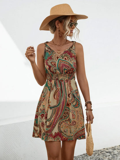 Smocked Printed V-Neck Mini Dress Turquoise
