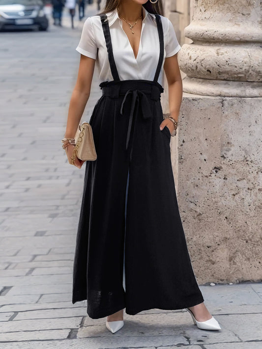 Perfee Tied Wide Leg Pants with Shoulder Straps Black